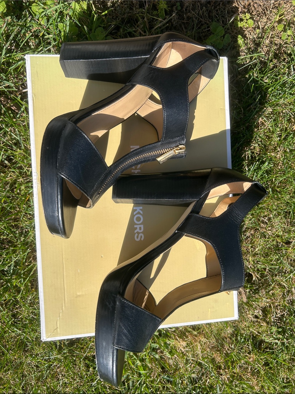 Michael Kors Black Leather T-Strap Heels with Gold Zip Accent